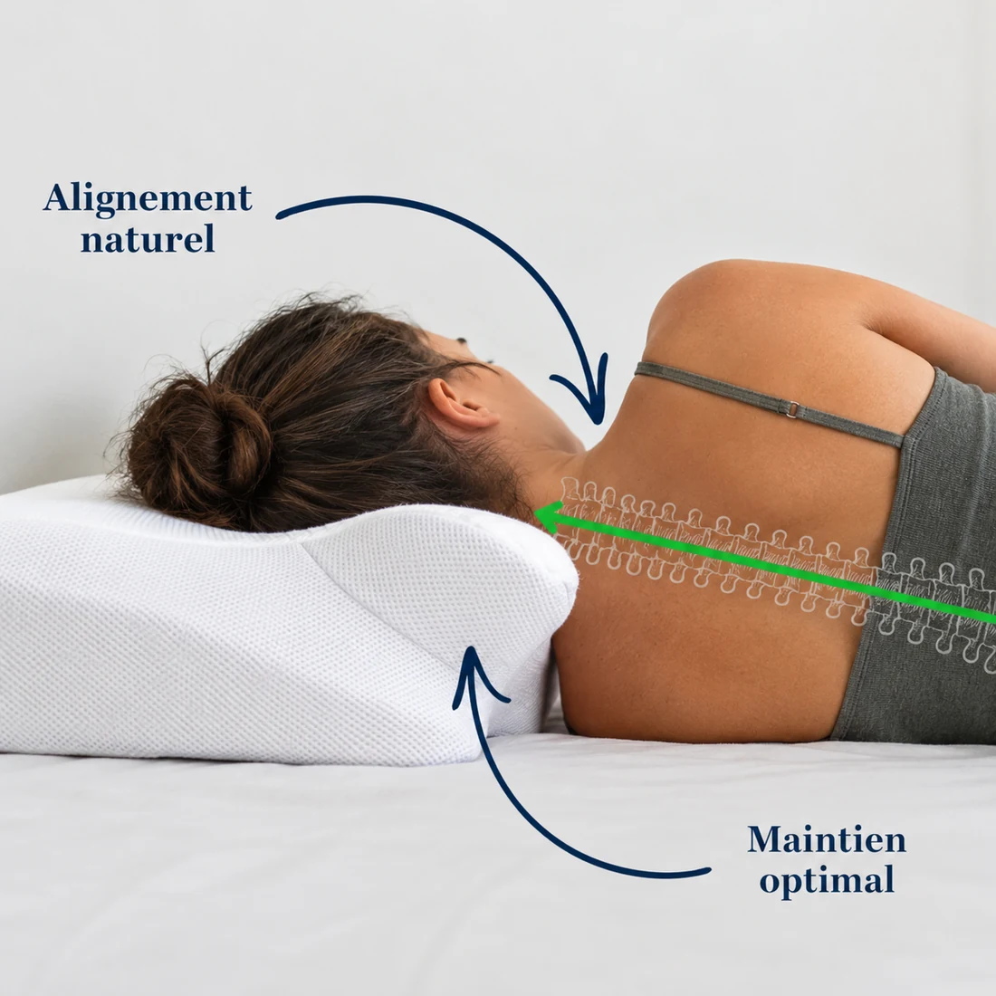 Alignement naturel et maintien optimal de la nuque sur l'oreiller Cousineo
