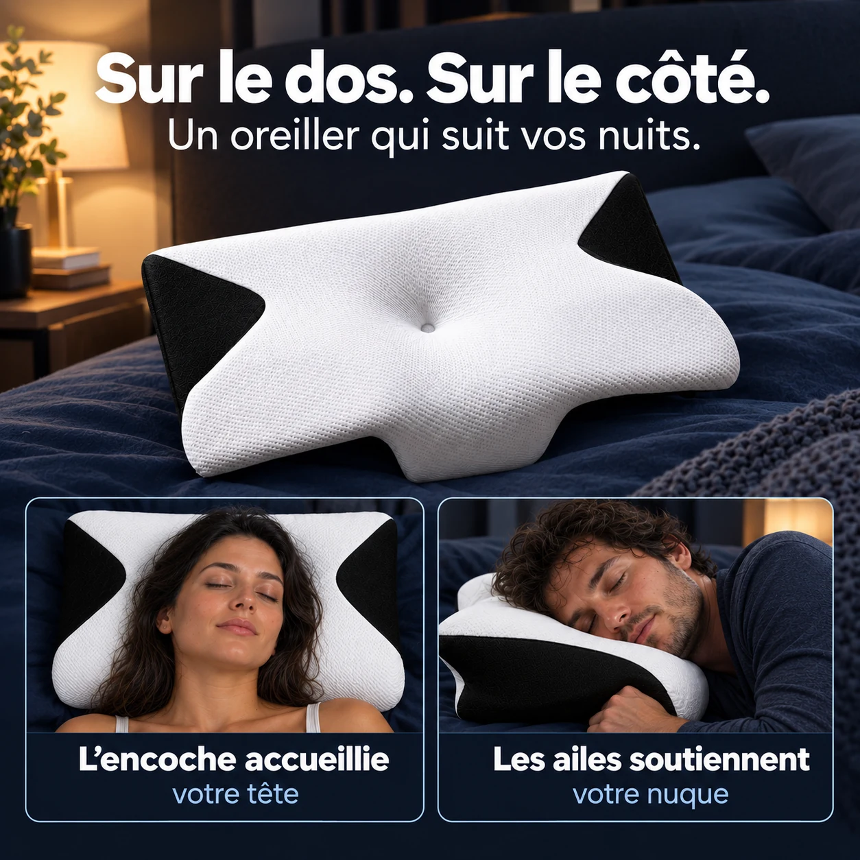 Oreiller cervical : sur le dos, sur le côté